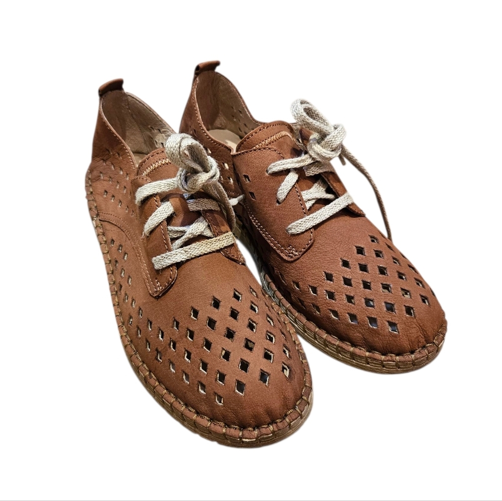 Josef Seibel Sophie Brown Leather Cut Out Laced Espadrilles women's 7.5
